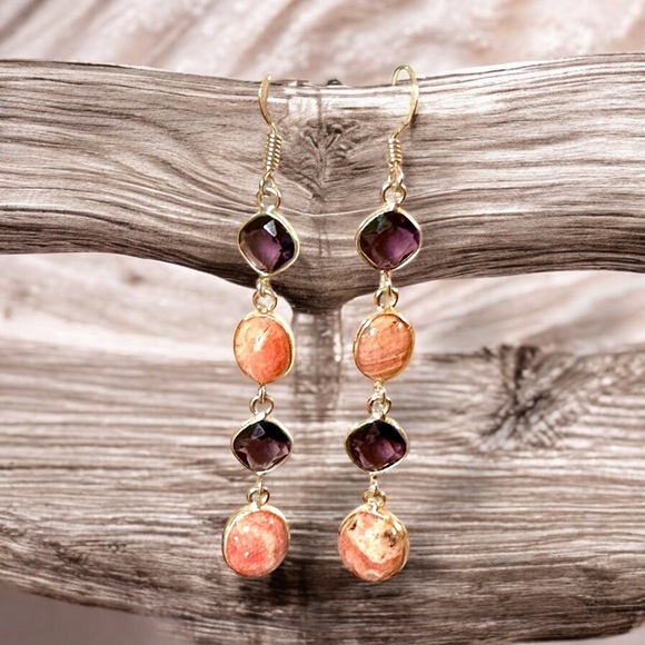 Handmade Amethyst and Rhodochrosite Dangle Earrings S925 Sterling Silver - Picture 2 of 10